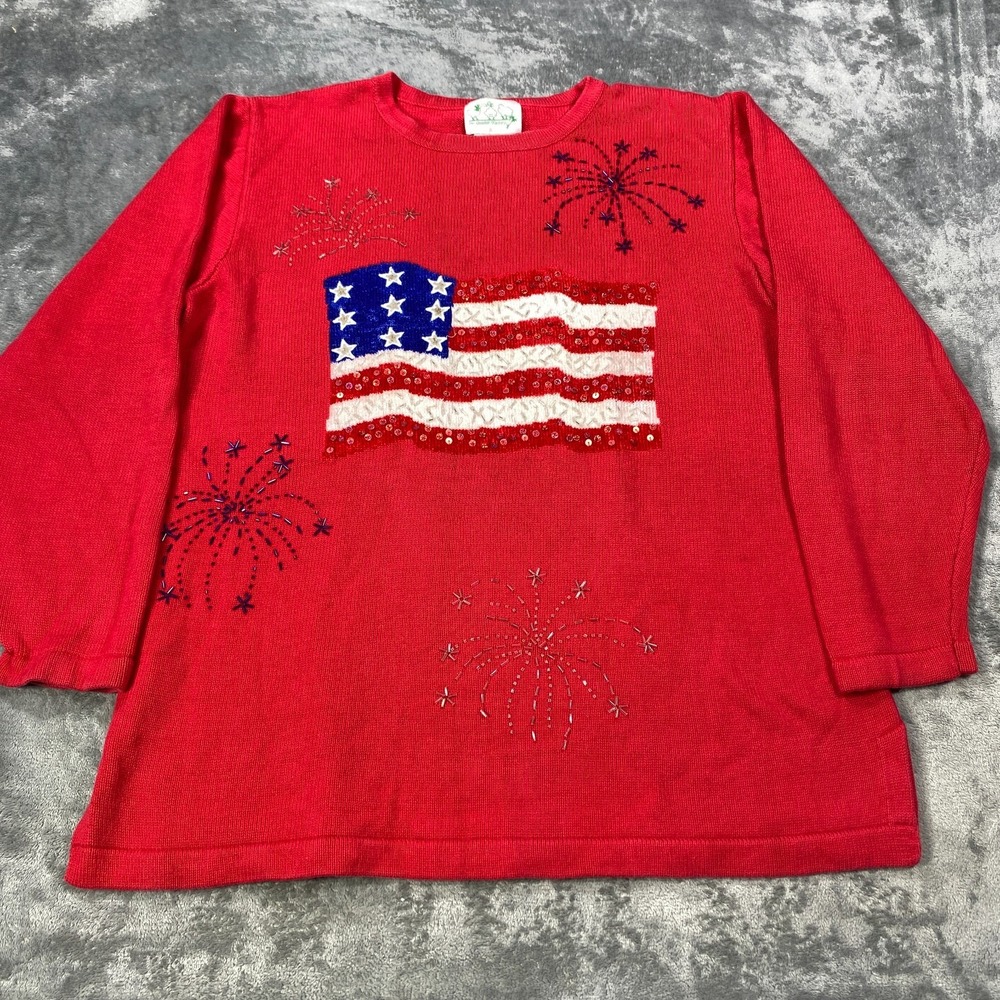Vintage Quacker Factory Knitted Cardigan Large Americana US Flag Beaded Firework